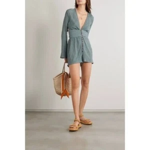 Savannah Morrow Womens Oasis Long Sleeve Silk Blend Romper Aruba Blue Size XS - Picture 1 of 14