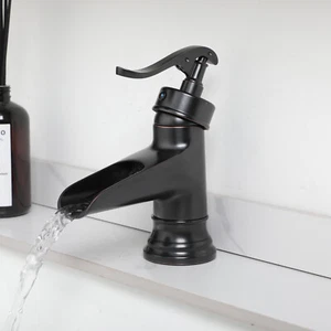 Grifo mezclador de lavabo de baño de bronce frotado con aceite de 1 manija montado en la cubierta grifo de cascada - Imagen 1 de 13