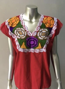 Linen Embroidered Floral Print Mexican Oaxacan Top Shirt Blouse M - Picture 1 of 4