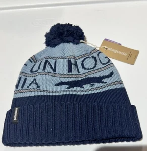 Patagonia Kids' Powder Town Beanie Winter Hat Pom Knit One Size Navy Blue - Picture 1 of 3