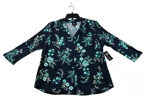 JM Collection Blouse Womens Size Large Petite PL Navy Blue Floral 3/4 Sleeve New - Picture 1 of 7