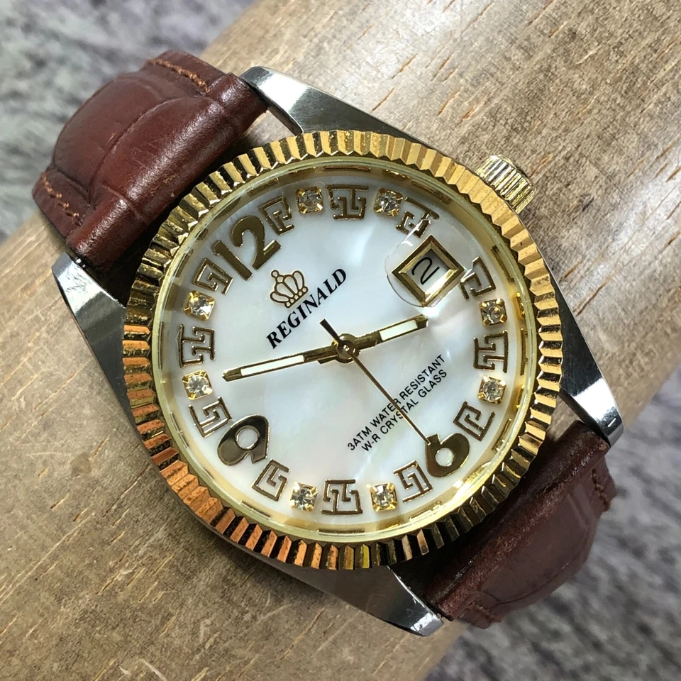 Мужские кварцевые аналоговые часы Reginald 2115 циферблат MOP кожа рифленые 35 мм 7 3/4 дюйма - Изображение 1 из 4