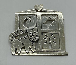 FAR FETCHED 925 Silver - Vintage Cat Moon & Star Window Brooch Pin -1 3/8"