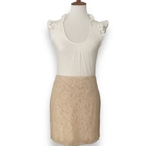 Haute Hippie Buff Swan Beige Lace 100% Silk Straight Mini Skirt Size Large NWT - Picture 1 of 10
