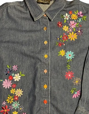Винтажные серебряные нити богемное ретро вышитый цветочный джинсовая рубашка куртка большой - Изображение 1 из 4