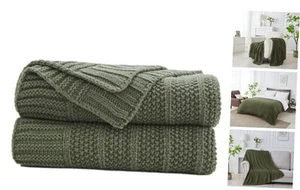Olive Green Throw Blanket for Bed, Soft Cozy Lightweight Stripe Pattern - Picture 1 of 8