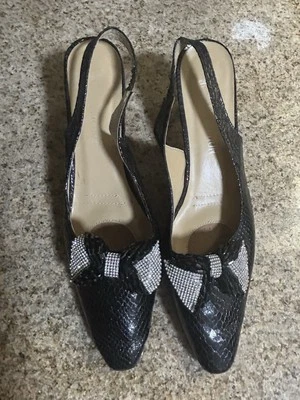 Whittall & Shon Embellished Bow Sling Back Black Silver Kitten Heels Size 12 - Image 1 of 4