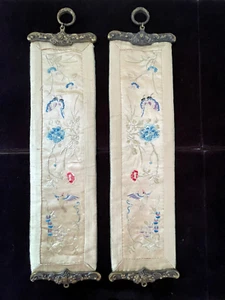 Vintage Pair of Chinese Embroidered Textiles Sleeve Panels Wall Hangings  YY338 - Picture 1 of 13