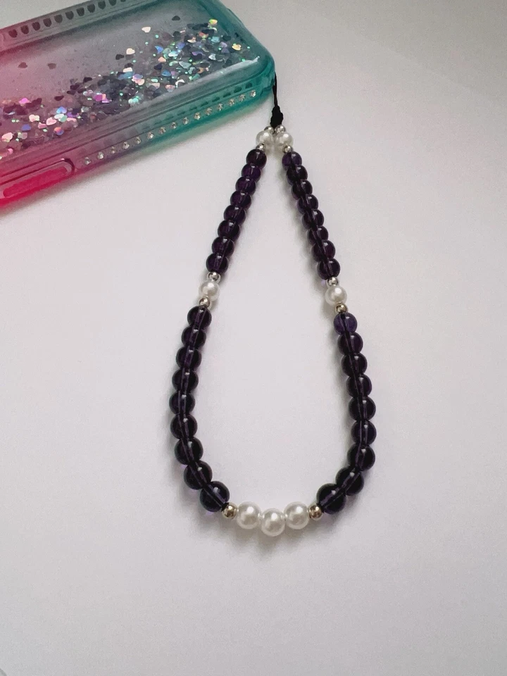Correa de muñeca de teléfono con cuentas de perlas sintéticas de cristal púrpura, cuentas plateadas, idea de regalo Foto 1 de 1