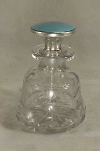 Antike 33/8" geschliffene Glasflasche mit Sterlingsilber & blauer Emaille Guilloche Stopfen - Bild 1 von 10