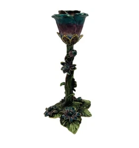 Whimsical Enameled & Jeweled Candlestick Candleholder (1) Purple Teal Green - Picture 1 of 8