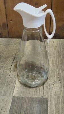 Log Cabin Glass Syrup Pitcher, 9 inches tall, plastic spout / cap, kitchen decor - Image 1 of 2