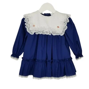 Bryan Toddler 2T Vintage Navy Blue White Lace Bib Neck Button Back Holiday Dress - Bild 1 von 9