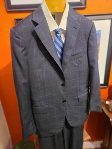 LNWOT Isaia Napoli Grey Navy Super 120s Wool Windowpane Suit EU50R US40R - Picture 1 of 13