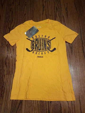 Boston Bruins Reebok T Shirt Hockey Kids Youth Medium 10/12 Short Sleeve Gold Cover