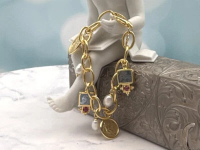TAGLIAMONTE (SH309B-Blue) 925SS/YGP Venetian Intaglio Charm Bracelet*Reg.$350 - Image 1 of 4