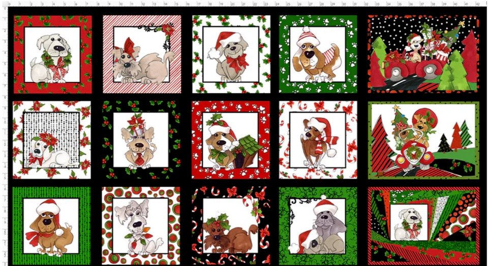 Christmas Dog Fabric Doggie Holiday Loralie Designs Cotton Trimmed 22"X44" Panel - Image 1 of 1