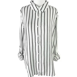 New Lumiere Striped Roll Tab Sleeve Button Down Shirt White Black Size Small - Picture 1 of 17