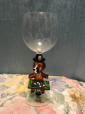 RARE hand made Blown Glass gambling dog Stem Wine Glass 8.75” - Image 1 of 4