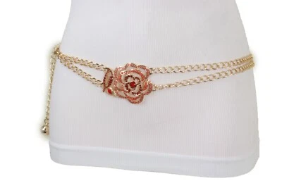 Mujeres Cinturón Cadena Metal Dorado Cadera Cintura Alta Rojo Flor Dije Ajustable Talla S M Foto 1 de 4