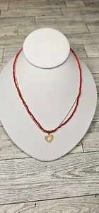 Vtg GALLE 18K Gold & Red Seed Bead 2 Strand Heart Pendant - Picture 1 of 10