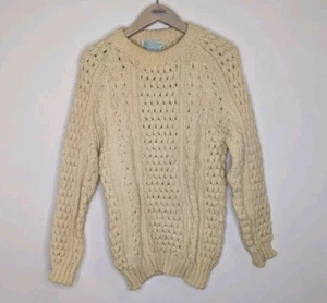 Donegal Woollen Sweater S Pullover Fisherman Chunky Wool Ivory Crew Neck - Picture 1 of 3