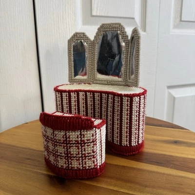 Handmade Cross Stitch Needlepoint Vanity Desk & Stool Fashion Doll Dollhouse  - Image 1 of 4