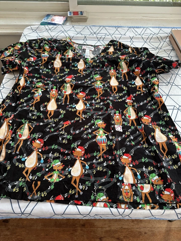 2XL Peaches Dancing Reindeer Christmas Scrub Top Sparkles (fits more like XL)  - Image 1 of 4