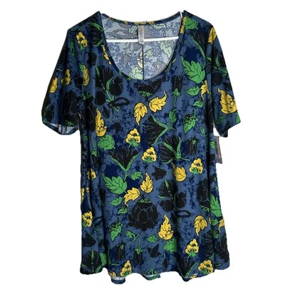 Vestido Camiseta Lularoe Elástico Negro Floral Azul Verde Amarillo Verano Y2k Grande L Foto 1 de 4