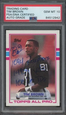 Topps #265 1989 Tim Brown radiocontrol novato autógrafo 3 inscripciones PSA ADN 10 automático Foto 1 de 2