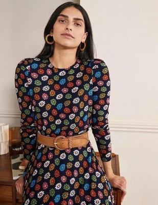 Boden Puff Sleeve Jersey Midi Rainbow Floral Navy Dress Sz 16 L D0081 - Image 1 of 4