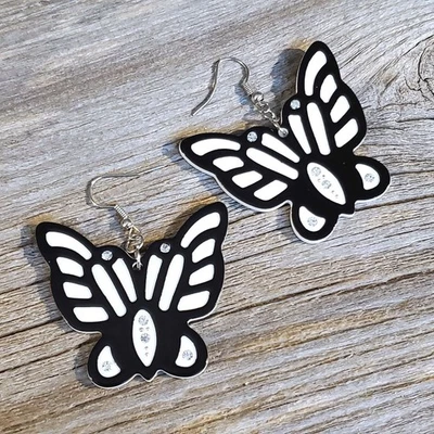 Vintage Y2K White Black Lucite Austrian Crystal Butterfly Earrings - Image 1 of 4