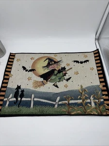 VINTAGE Halloween Placemats Woven Tapestry Witch Set of 2 12.5 X 18.5 Rectangle - Picture 1 of 7