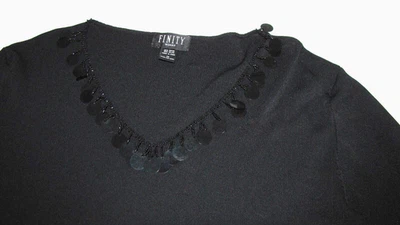 复古 FINITY 女式 1/2 套套衫针织毛衣上衣黑色串珠领 XL — 第 1/4 张图片