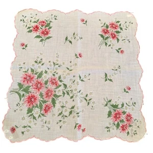 Vintage Hankie Pink Red Flowers Handkerchief Pocket Square Scalloped Edges READ - Picture 1 of 7