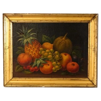Antique Rosen School Folk Art Fruit Still Life Oil On Canvas Painting C1830 - Image 1 of 4