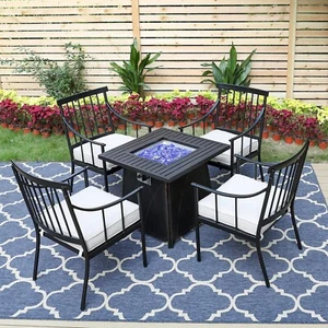 5-Piece Dining Set Outdoor Patio Dining Chairs with Cushion & Gas Fire Pit Table - Picture 1 of 18