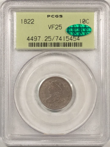 1822 CAPPED BUST DIME - PCGS VF-25, OLD GREEN HOLDER, VERY RARE!! CAC APPROVED! Cover