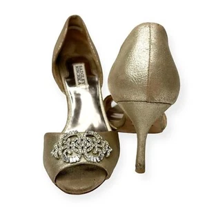 Badgley Mischka Leather Metallic Rhinestone Gold Peep Toe Pumps Size 9 - Picture 1 of 12