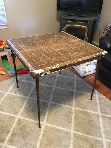 Vintage MCM Folding Card Table Metal Wood Frame 30”W Cover