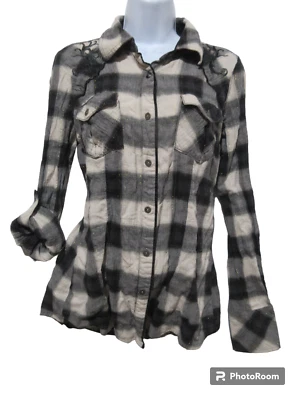 Camisa xadrez ocidental bordada elástica tamanho M ROAR fio dourado cinza botão para cima - Imagem 1 de 4