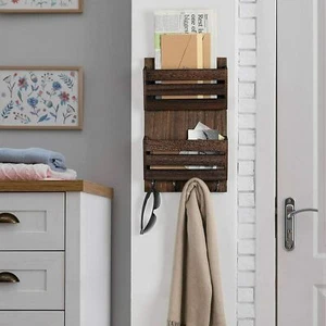 2-Slot Mail & Key Holder Organizer Mail Sorter Wall Mount with 4 Key Hooks Brown - Picture 1 of 11