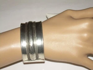Vintage Chunky Cuff Bracelet -Silver Tone 8.25" Round,1.25" High,1 3/8" Opening  - Picture 1 of 12