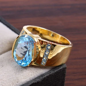 Natural Blue Topaz Gemstone With 18k Gold Plated Silver Ring For Men's #46 - Picture 1 of 5