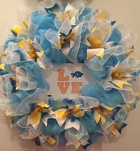 NEW Handmade Kazakhstan Wreath Kazak Russia Mesh Ribbon Blue Yellow Door WhIte - Picture 1 of 6