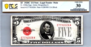 $5 1928-C Legal Tender MULE "FANCY SERIAL" PCGS 30 VF Fr. 1528m - Picture 1 of 3