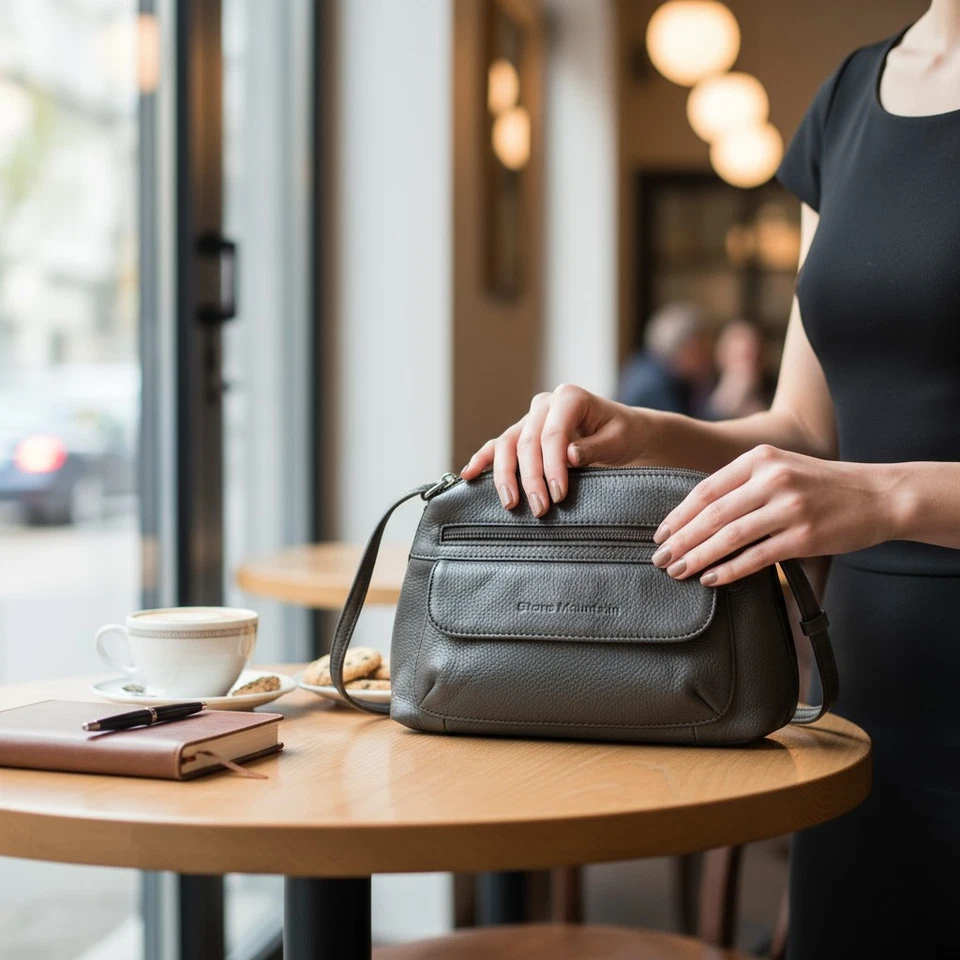 Stone Mountain Metal Gray Leather Crossbody Shoulder Clutch hand Bag pockets - Image 1 of 4