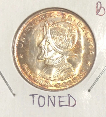 1961 Panama 1/4 Balboa TONED Uncirculated Silver Coin- One Year Type- KM#25 - Image 1 of 4