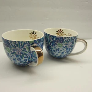 Lilly Pulitzer Mugs Set of 2 Blue Floral Gold White Porcelain Tea Cups 12 OZ - Picture 1 of 11