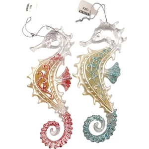 Vintage Acrylic Seahorse Christmas Ornaments 5.5" Set Of 2 Ornate Pink Blue Sea - Picture 1 of 11